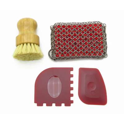 WELAND 4 Pieces Cast Iron Cleaner Set Include Stainless Steel Chainmail Scrubber Pad with Bamboo Brush Pan Scrapers