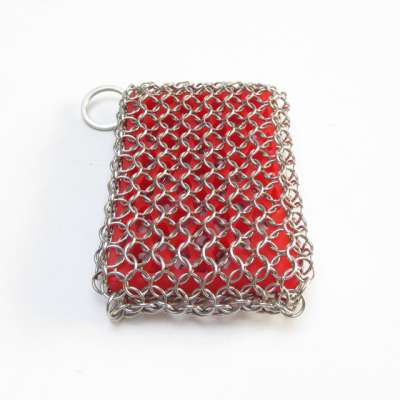 Amazon Best Seller SUS 316 Chainmail Scrubber Pad Cleaner with Red Silicone for Home Kitchen Cast Iron Pan