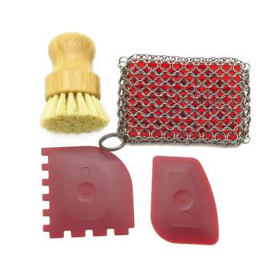 WELAND 4 Pieces Cast Iron Cleaner Set Include Stainless Steel Chainmail Scrubber Pad with Bamboo Brush Pan Scrapers